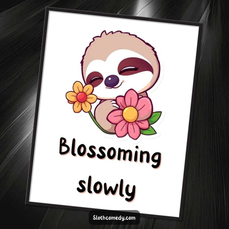 Funny digital art print of a sloth character giving a sleepy wink while slowly blinking at a colorful flower, embodying gentle humor. Instant printable decor.