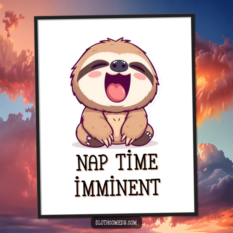 Funny sloth digital art print of a sloth yawning widely with its pink mouth, bringing instant relatable decor.