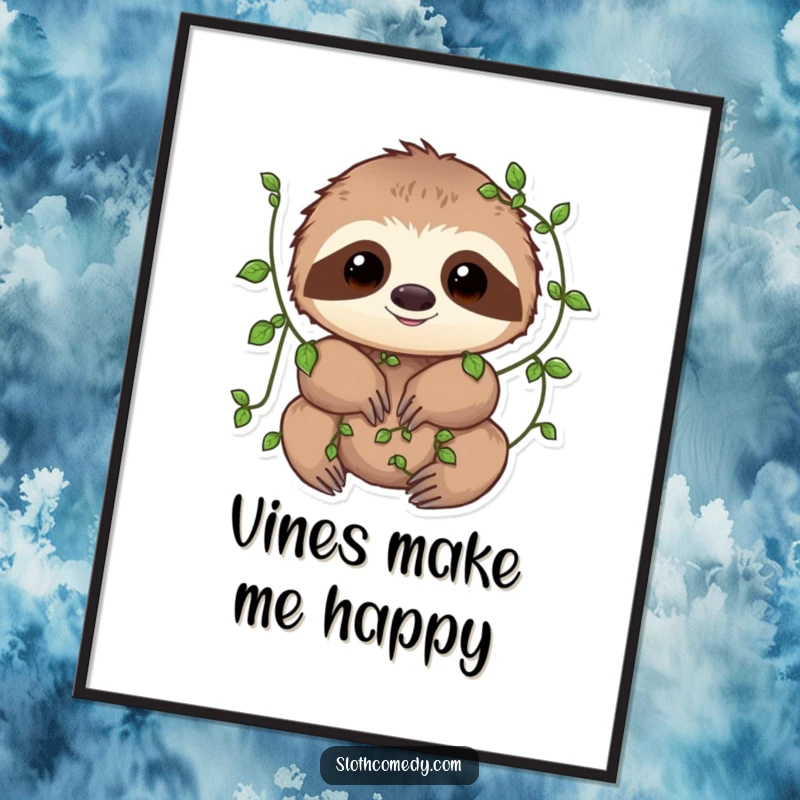 Funny Digital Art Print of a sloth with small vines playfully wrapped around its limbs, embodying natural charm and whimsical artistry.