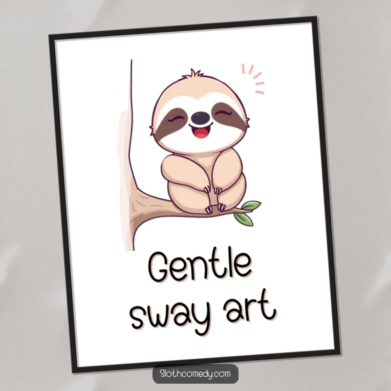 Funny digital art print of a sloth sighing contentedly while swaying, perfect for instant, humorous wall decor that promotes calm.