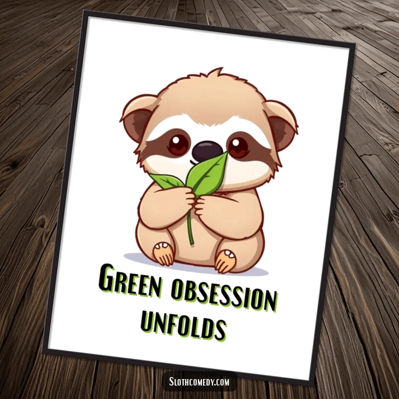 Funny kawaii sloth digital art print showing intense focus on holding a single leaf, perfect for instant motivational decor.
