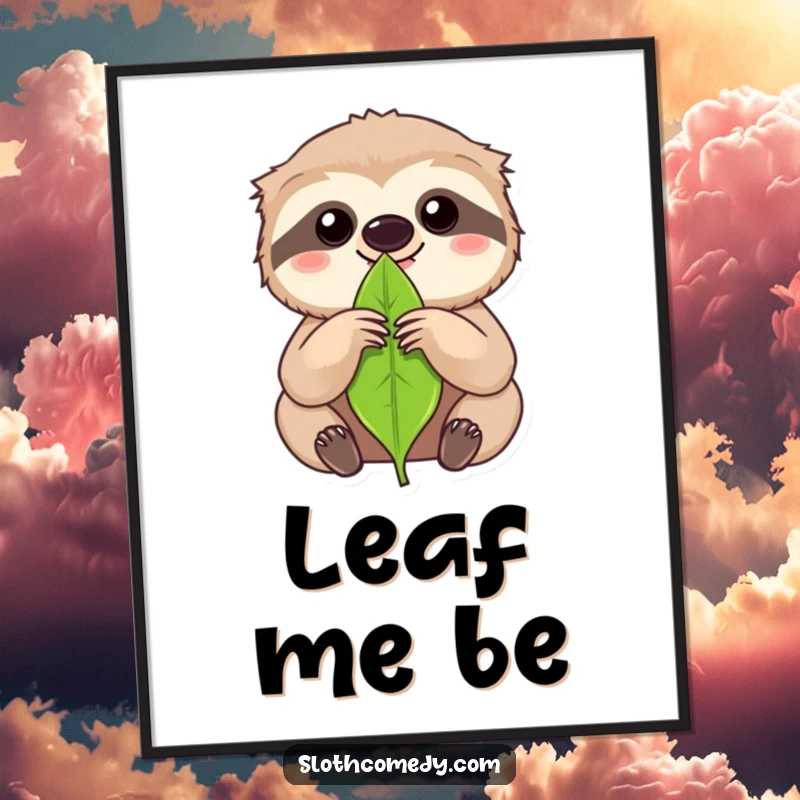 Funny kawaii sloth holding a single leaf with intense focus on a digital art print, for humorous, motivational decor.