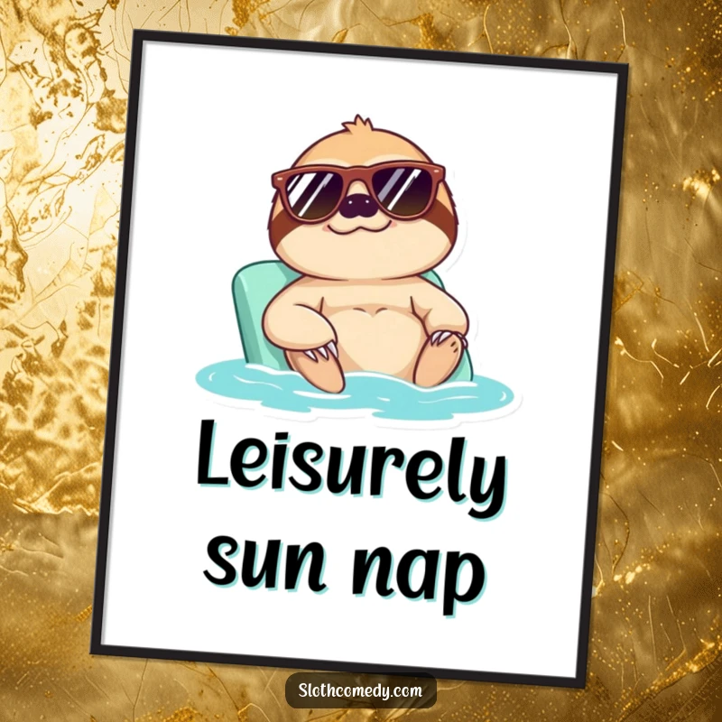 Funny digital art print of a sloth wearing sunglasses enjoying a sunbath, perfect for instant, humorous wall decor that radiates cool.