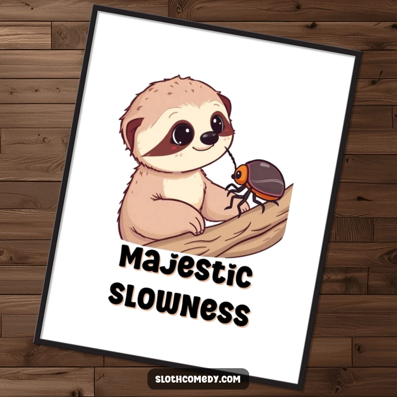 Funny digital art print of a sloth in awe of a slow beetle, capturing a unique moment of wonder and humor.