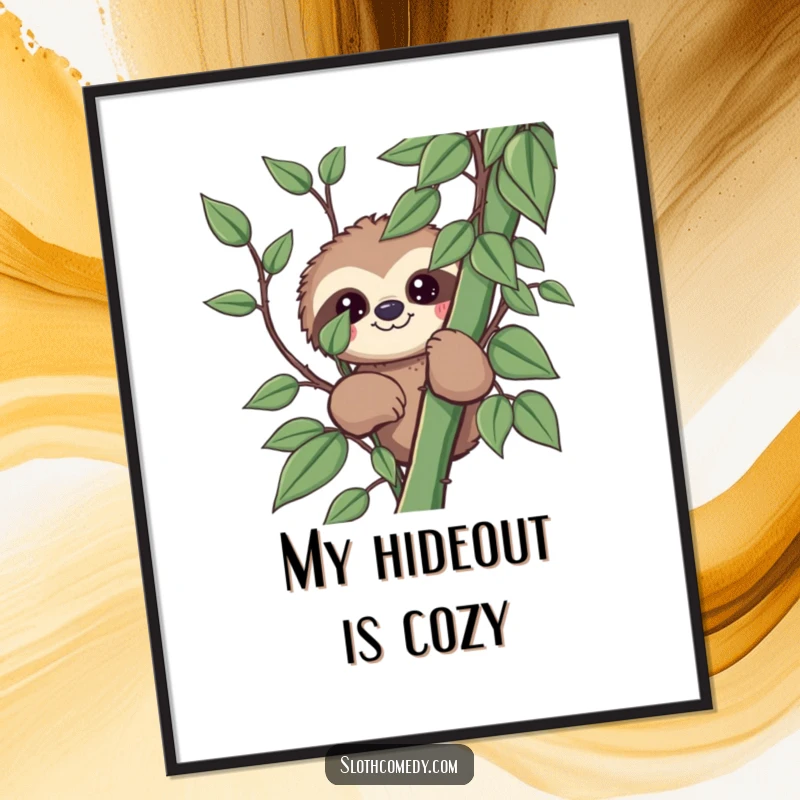 Funny kawaii sloth digital art print showing a sloth peeking from behind a vine, perfect for playful and humorous wall decor.
