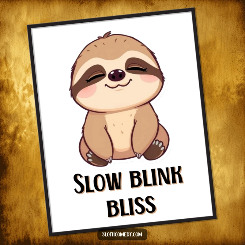 Funny Digital Art Print of a sloth with a comically slow blink, eyes conveying deep contentment and peacefulness, perfect for a serene atmosphere.