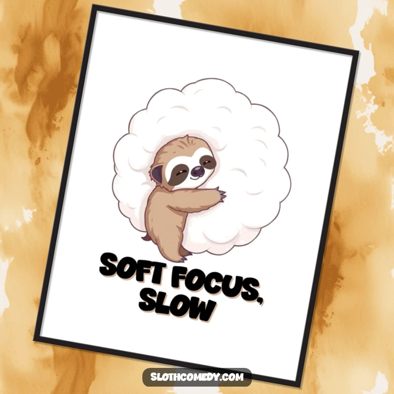 Funny digital art print of a small sloth reaching for a huge, fluffy cloud, perfect for instant, humorous wall decor.
