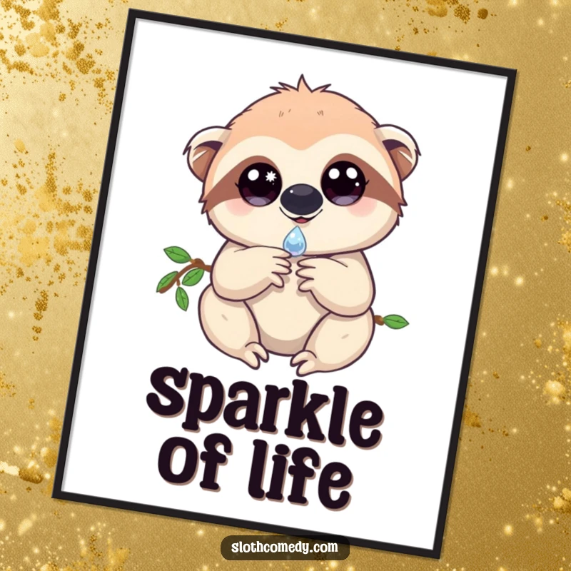 Magical digital art featuring a sloth with sparkling eyes, holding a single dewdrop, perfect for instant, enchanting wall decor.