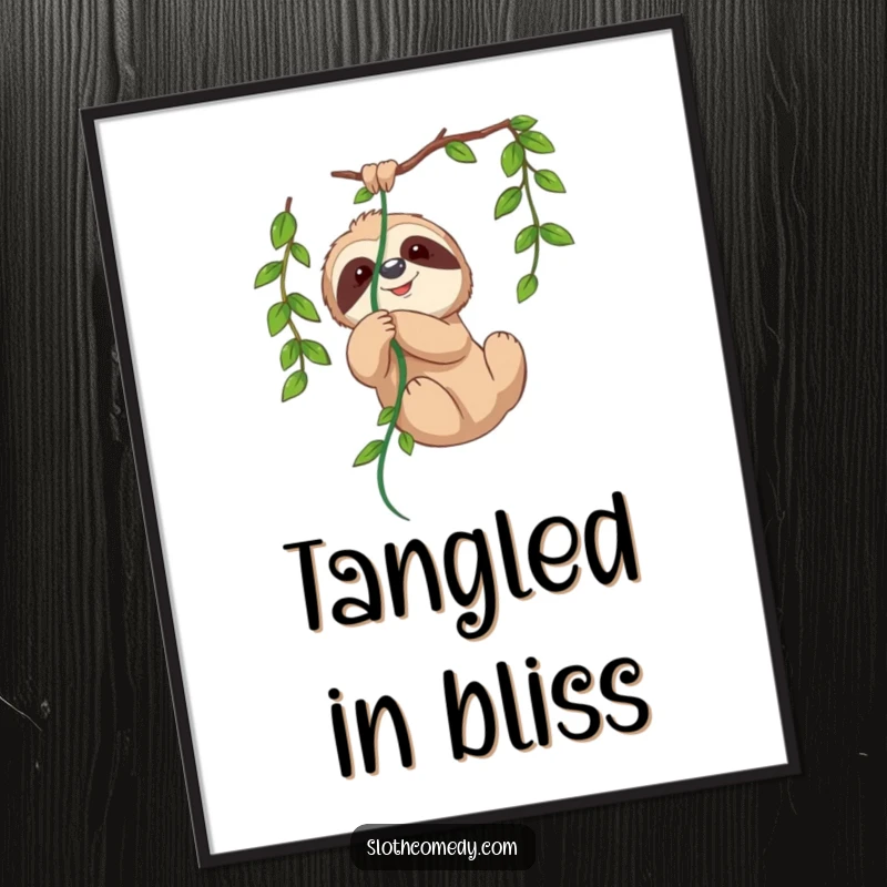 Funny digital art featuring a cute sloth playfully tangled in a hanging vine, perfect for instant whimsical wall decor.