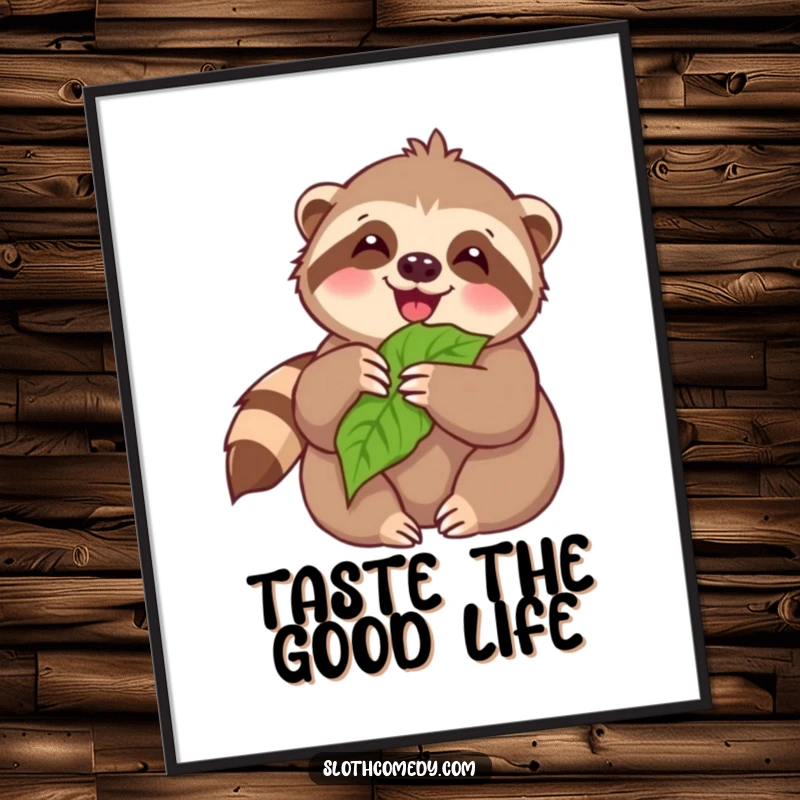 Funny Digital Art Print: Kawaii sloth joyfully munching on a leaf, perfect for instant, cheerful home decor.