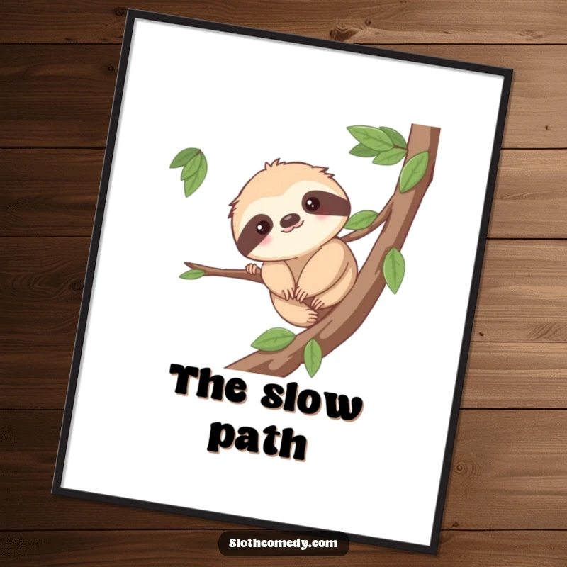 Funny digital art print of a cute sloth character inching along a branch, embodying slow progress and gentle humor. Instant printable decor.