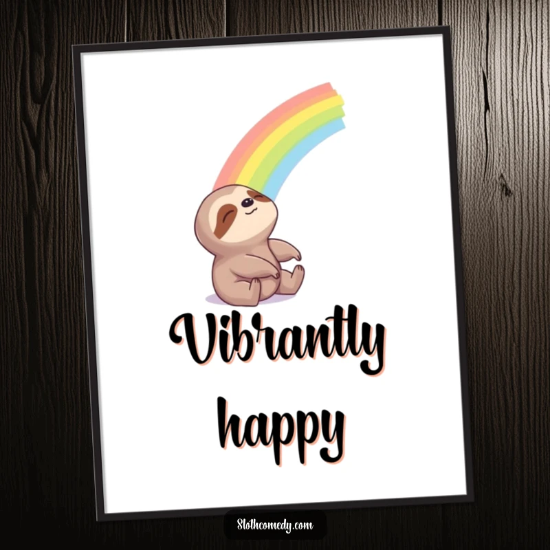 Funny Digital Art Print of a sloth looking blissfully at a beautiful rainbow, a piece of art filled with hope and humor.
