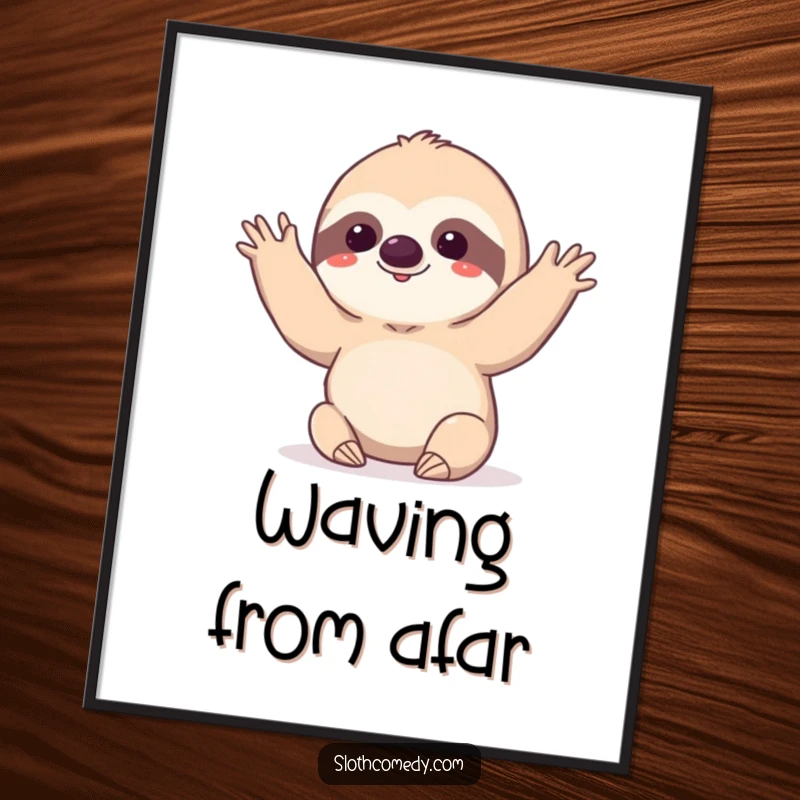 Funny kawaii sloth doing a very slow, deliberate wave on a digital art print, for humorous and relaxed decor.