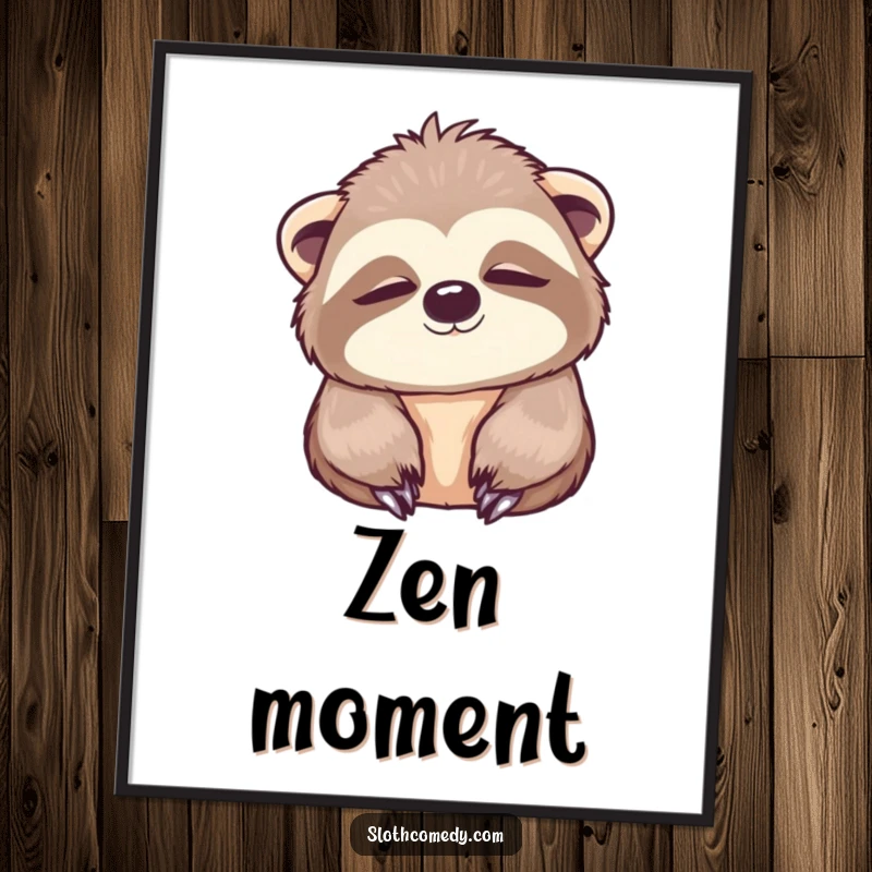 Funny Digital Art Print of a kawaii sloth slowly blinking with wide, peaceful eyes, ideal for instant serene wall decor.
