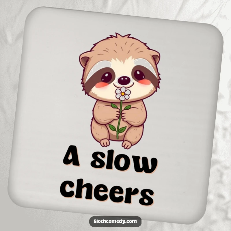 Funny Kawaii Sloth Coaster: A sloth makes a humorous effort to offer a flower, providing surface protection.