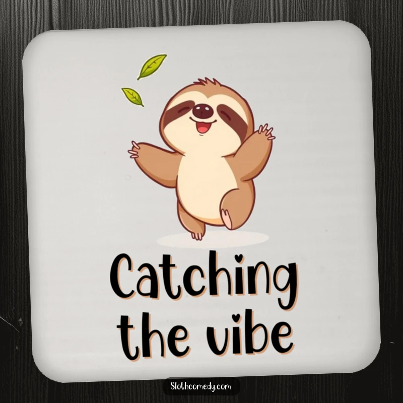 Funny drink coasters featuring a sloth comically trying to catch a falling leaf, adding a humorous touch to tables.