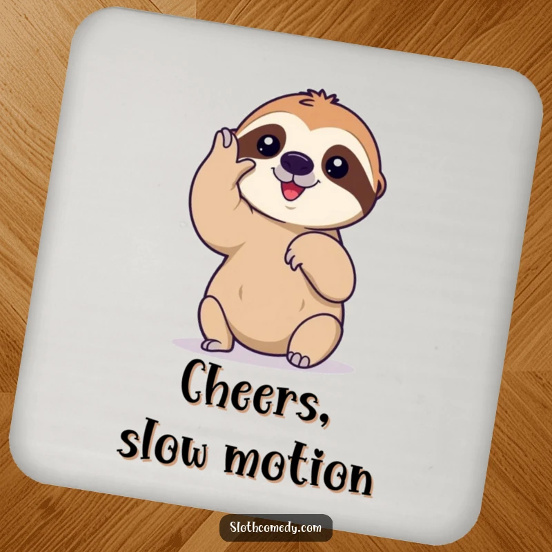 Funny drink coaster depicting a sloth's slow, deliberate high-five, perfect for adding humorous patience to any table.