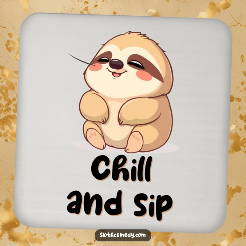 Funny drink coaster with a chubby sloth character in a relaxed state, enjoying a gentle breeze, offering protection with humor.