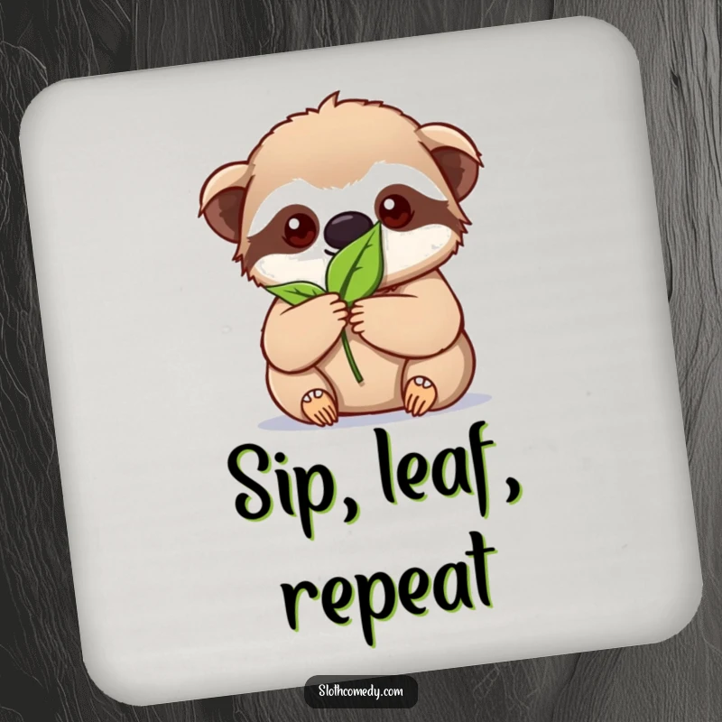Funny kawaii sloth drink coasters featuring intense focus on holding a single leaf, perfect for protecting surfaces.