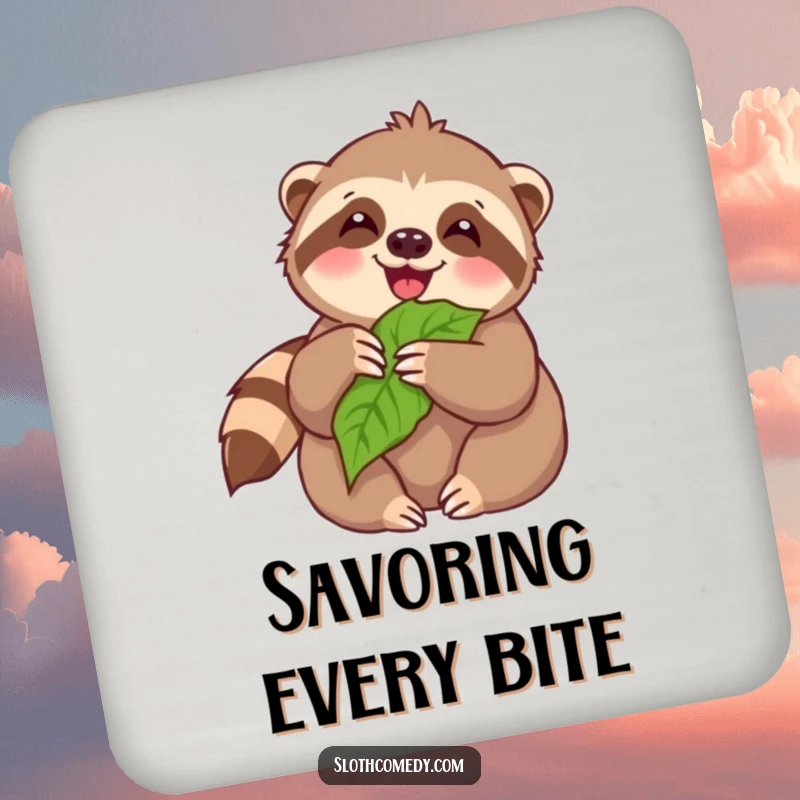 Funny Coasters: Kawaii sloth happily munching on a leaf, protecting surfaces with adorable sloth-themed food humor.