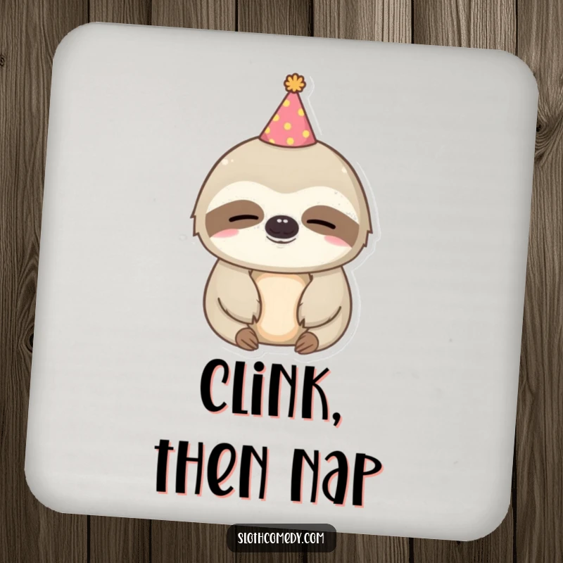 Funny kawaii sloth drink coasters featuring a sleepy sloth wearing a tiny party hat, perfect for protecting surfaces.
