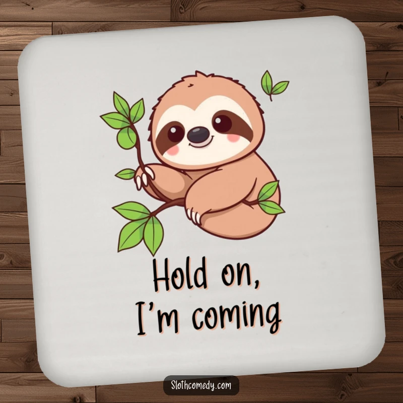 Funny Coasters: Kawaii sloth smiling, slowly extending a branch, protecting surfaces with adorable sloth-themed humor.
