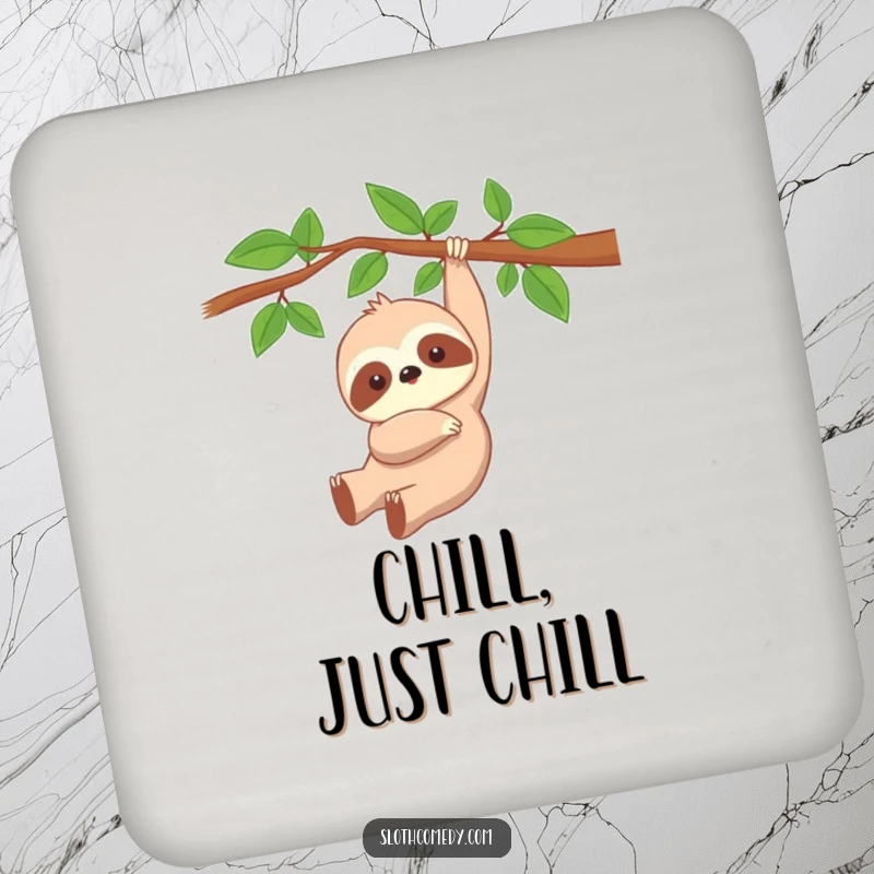 Funny Kawaii Sloth Coasters showing a cute, peacefully dangling sloth, protecting surfaces with humor and calm.