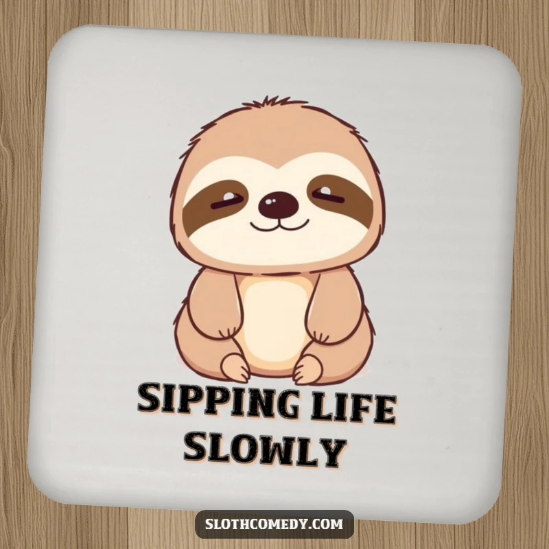Funny kawaii sloth drink coaster featuring a contented sigh, protecting furniture with a humorous and relaxed vibe.