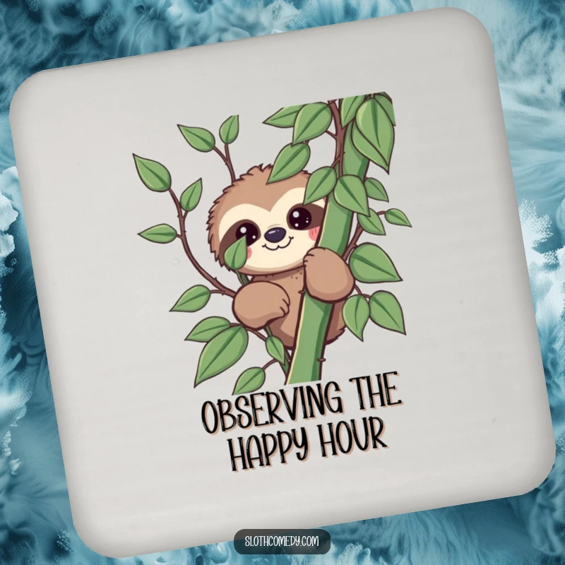 Funny kawaii sloth drink coaster with a sloth peeking from behind a vine, offering playful protection and humorous style.