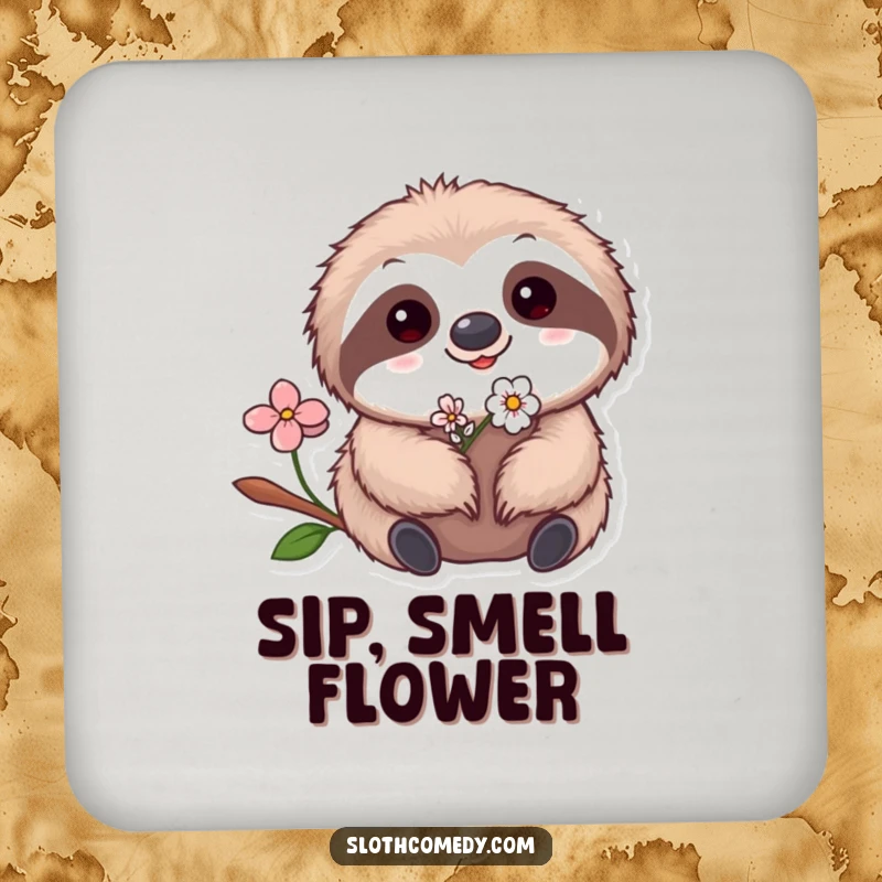 Funny Kawaii Sloth Flower Coasters showing a cute sloth with a tiny flower, protecting surfaces with humor and charm.