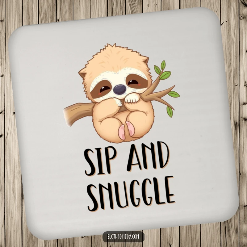 Funny Coaster: A kawaii sloth hugs a fuzzy branch contentedly, adding cozy charm to any surface, a delightful funny gift.