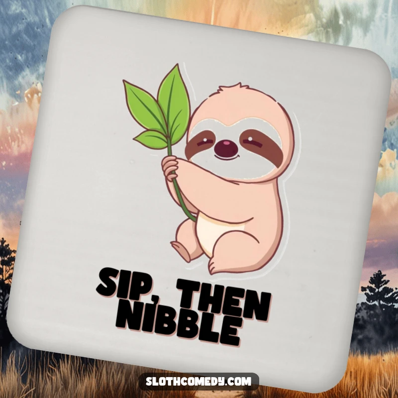 Funny Kawaii Sloth Leaf Coasters showing a cute sloth slowly reaching for a leaf, protecting surfaces with humor and patience.