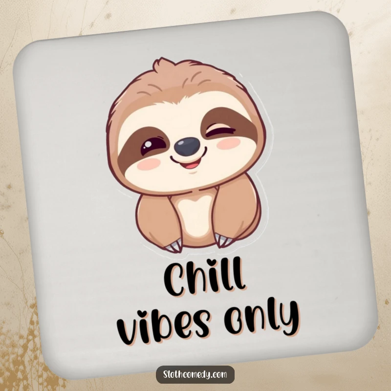 Funny sloth coaster depicting a sloth's slow blink and gentle smile, adding a humorous touch to drink protection.