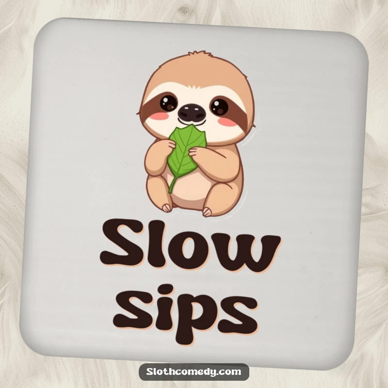 Funny sloth coaster, a sweet sloth offers a leaf with extreme patience and a soft gaze, protects tables.