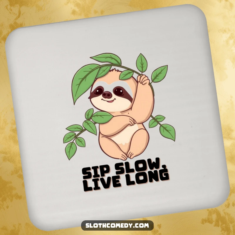 Funny Sloth Coaster: A sloth character offers a slow wave with a leafy branch, providing humorous and protective coverage for tabletops.