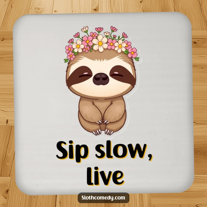 Funny sloth drink coaster featuring a sloth in a flower crown, nodding slowly, a chic and protective accessory.