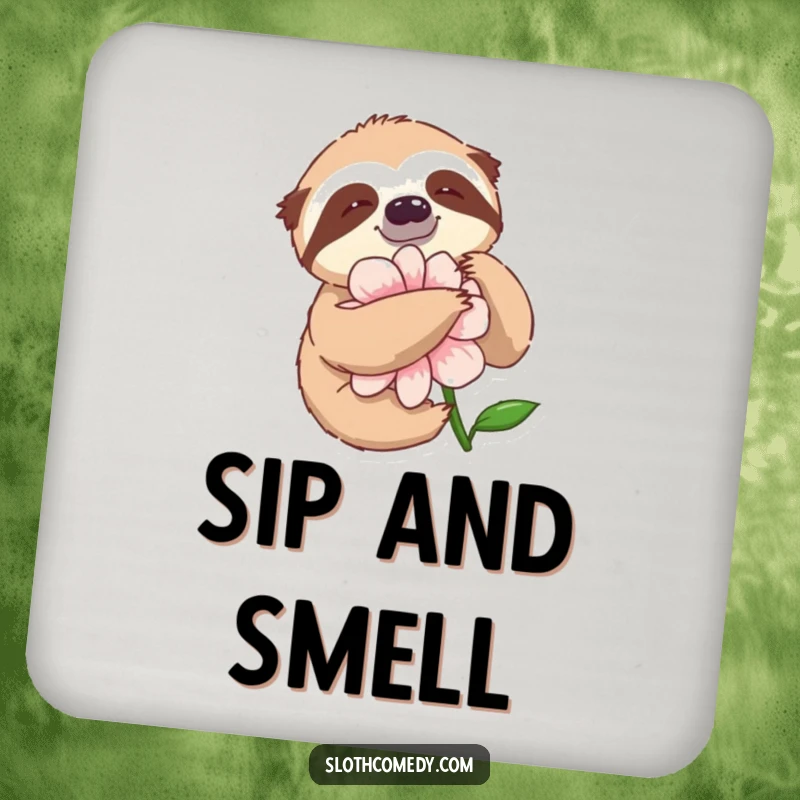 Funny Drink Coaster with a sloth slowly embracing a large flower, adding natural charm and protection.
