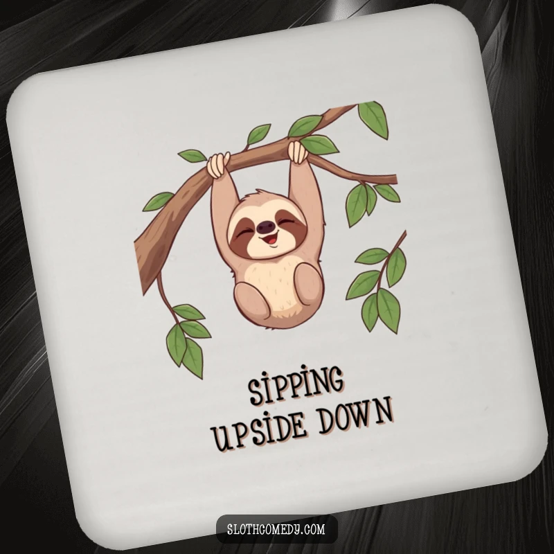 Funny drink coasters featuring a sloth giggling while hanging upside down from a branch, adding a humorous touch to tables.