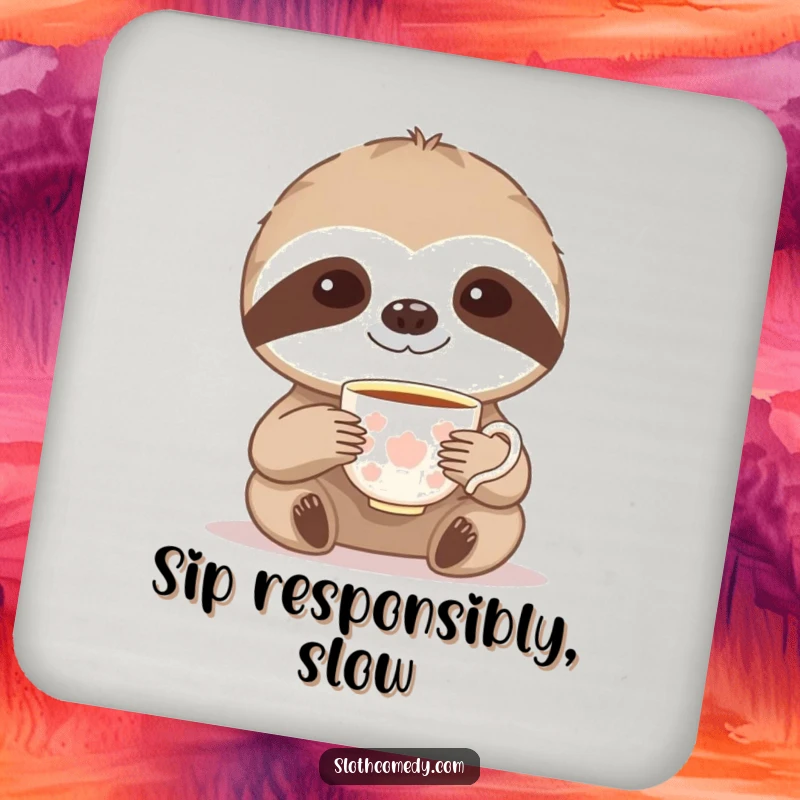 Funny drink coaster with a sloth delicately raising a tiny teacup, embodying elegant tea time humor.