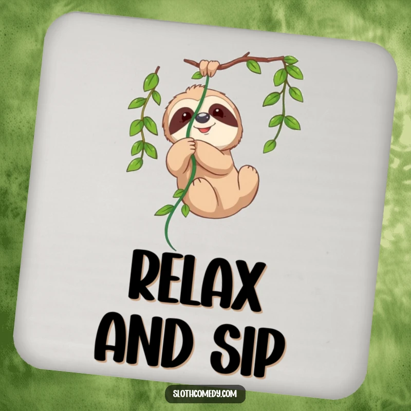 Funny drink coaster featuring a cute sloth playfully tangled in a vine, adding a touch of whimsical humor to beverage placement.