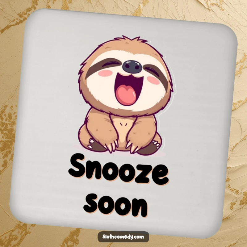 Funny sloth drink coaster featuring a sloth yawning widely with its pink mouth, a humorous and protective accessory.