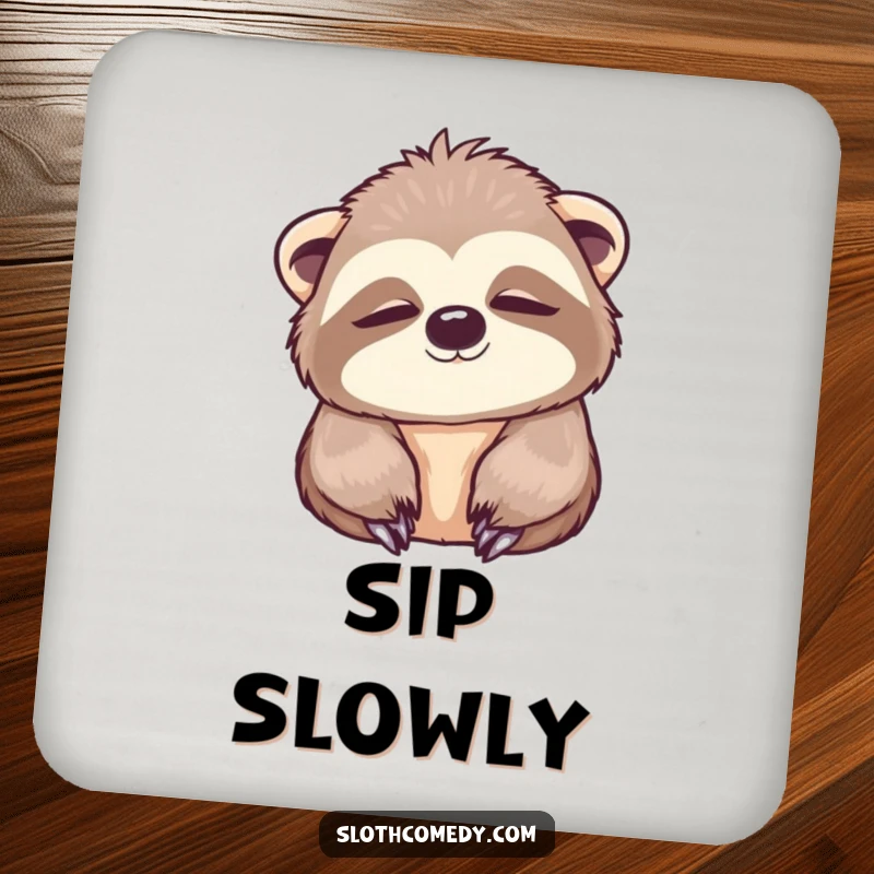 Funny Coasters featuring a kawaii sloth slowly blinking with wide, peaceful eyes, offering protection and a tranquil atmosphere.