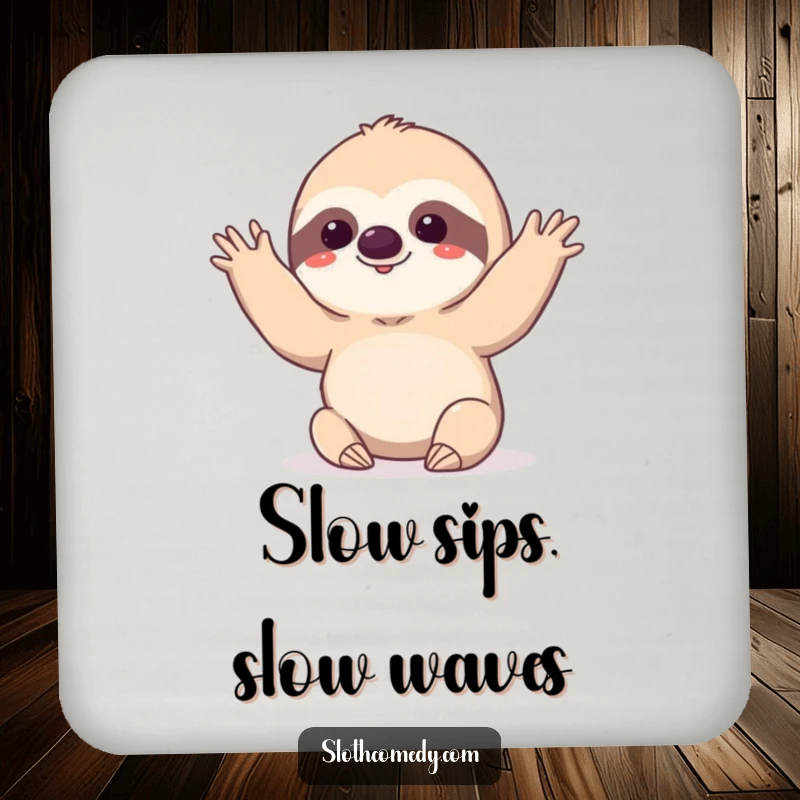 Funny kawaii sloth doing a very slow, deliberate wave on a drink coaster, for humorous surface protection.