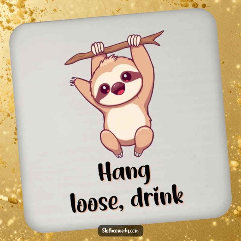 Funny Coaster: A kawaii sloth hangs upside down, arm extended, adding playful charm to any surface, a delightful funny gift.