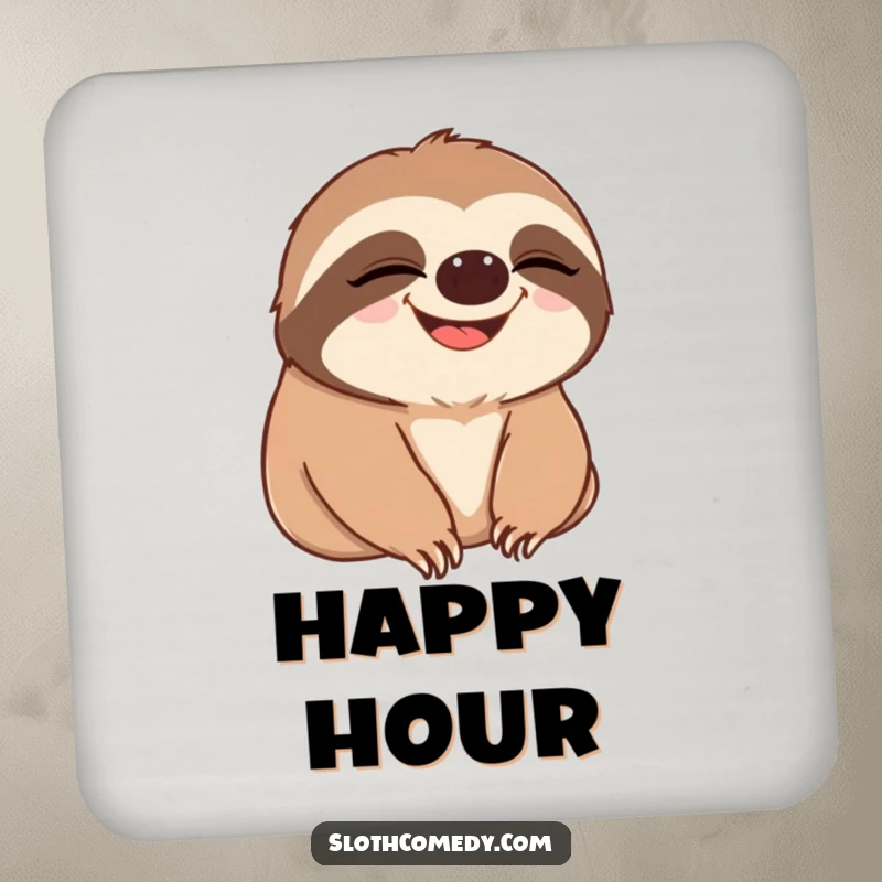 Funny drink coaster featuring a sloth slowly blinking, then breaking into a wide, happy grin, adding a touch of humor to beverage placement.