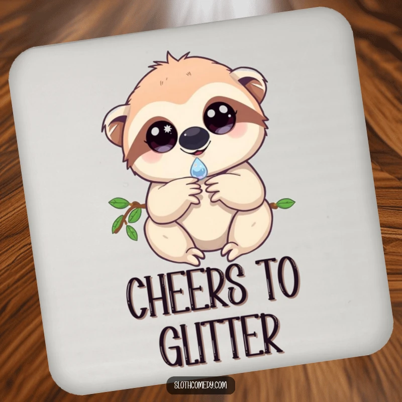 Magical drink coaster featuring a sloth with sparkling eyes, holding a single dewdrop, adding a touch of enchantment to beverage placement.