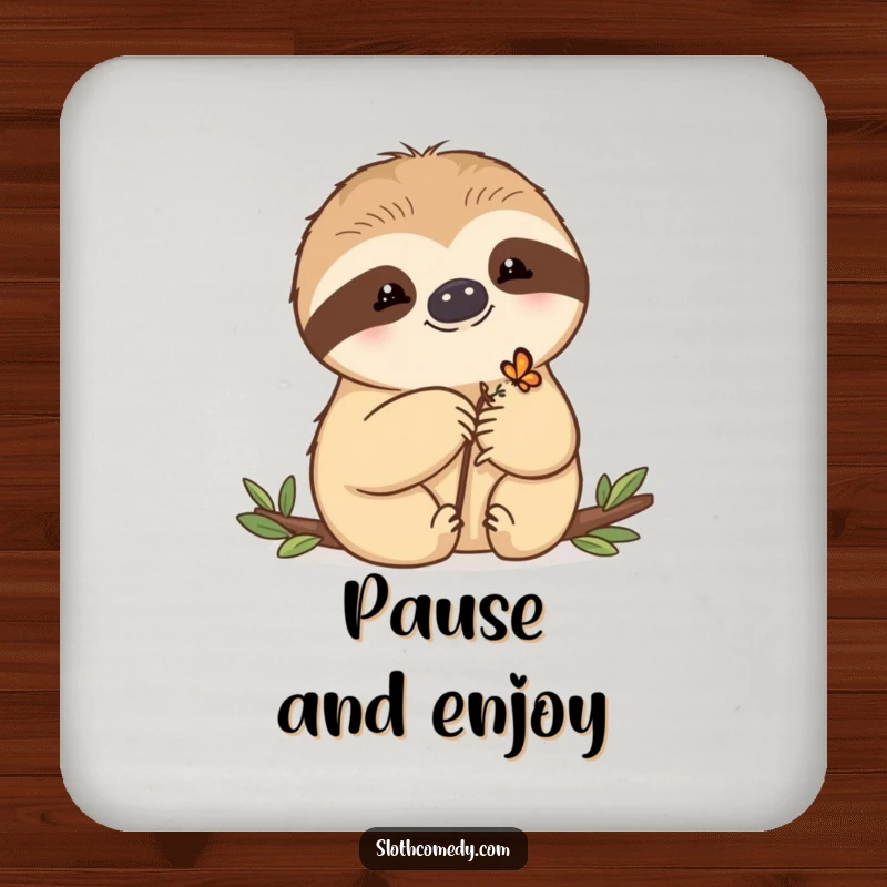 Funny Coasters featuring a kawaii sloth letting a tiny butterfly rest on its paw, offering protection and a touch of natural grace.