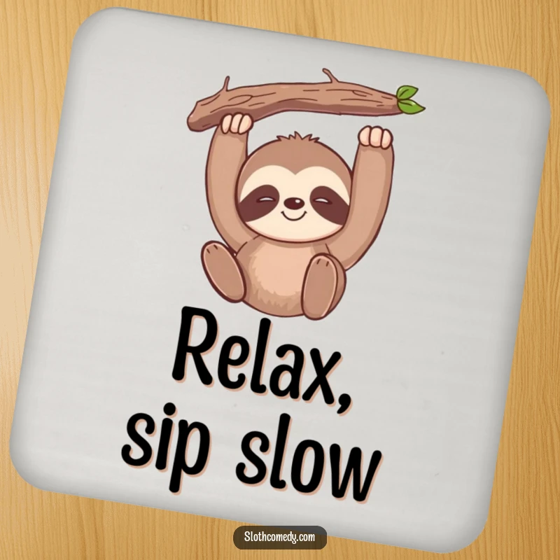 Funny kawaii sloth drink coasters featuring a slow-smiling sloth hanging from a branch, bringing chill vibes to surfaces.