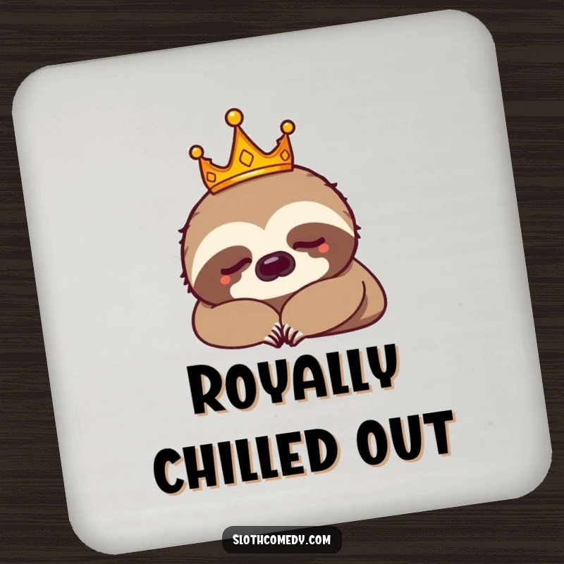 Funny sloth king with a tiny crown napping on a drink coaster. Great funny gift for tabletops.