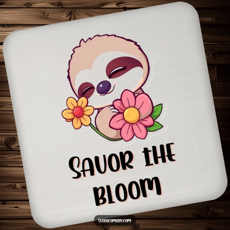 Funny drink coaster with a sloth character giving a sleepy wink while slowly blinking at a colorful flower, offering protection with charm.